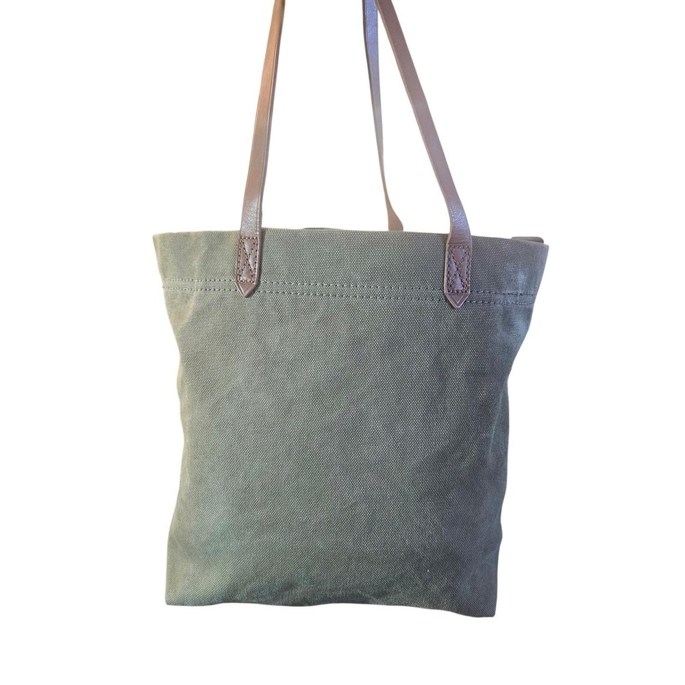 Madewell The Transport Tote Waxed Canvas Olive Green Leather Strap Handbag - Picture 5 of 9